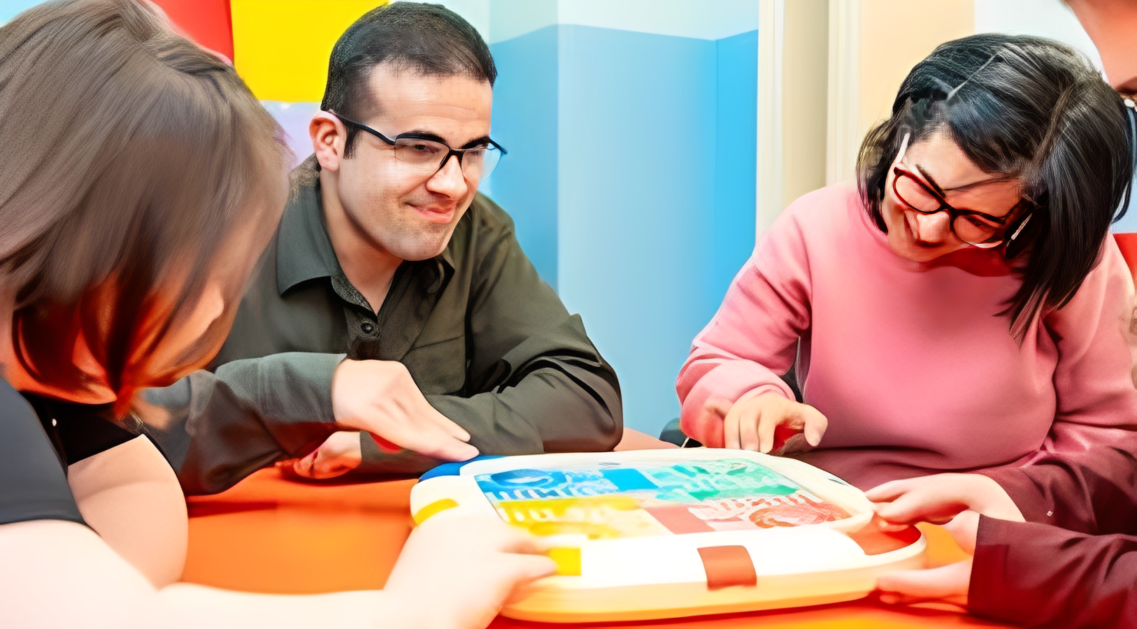 People playing a board game together, smiling.